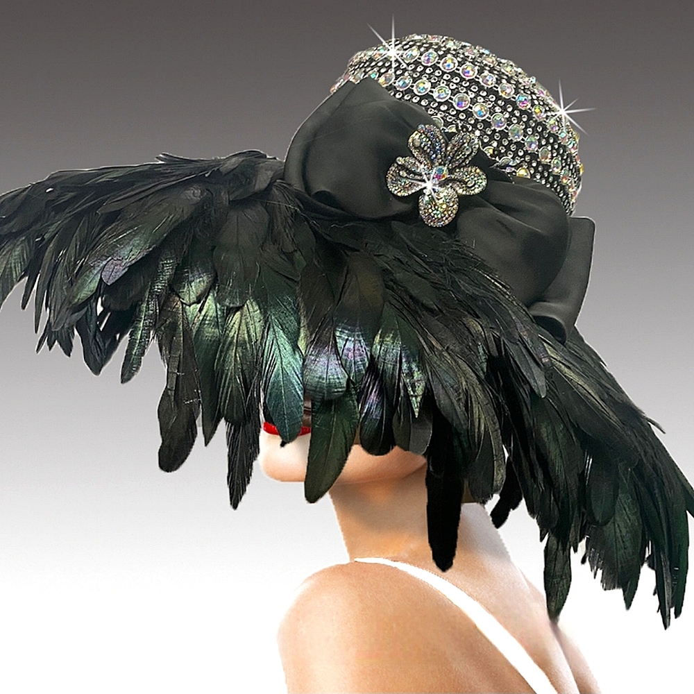 Beloved Millinery Opulent Black Couture Feathered Jeweled Wide Winter Hat